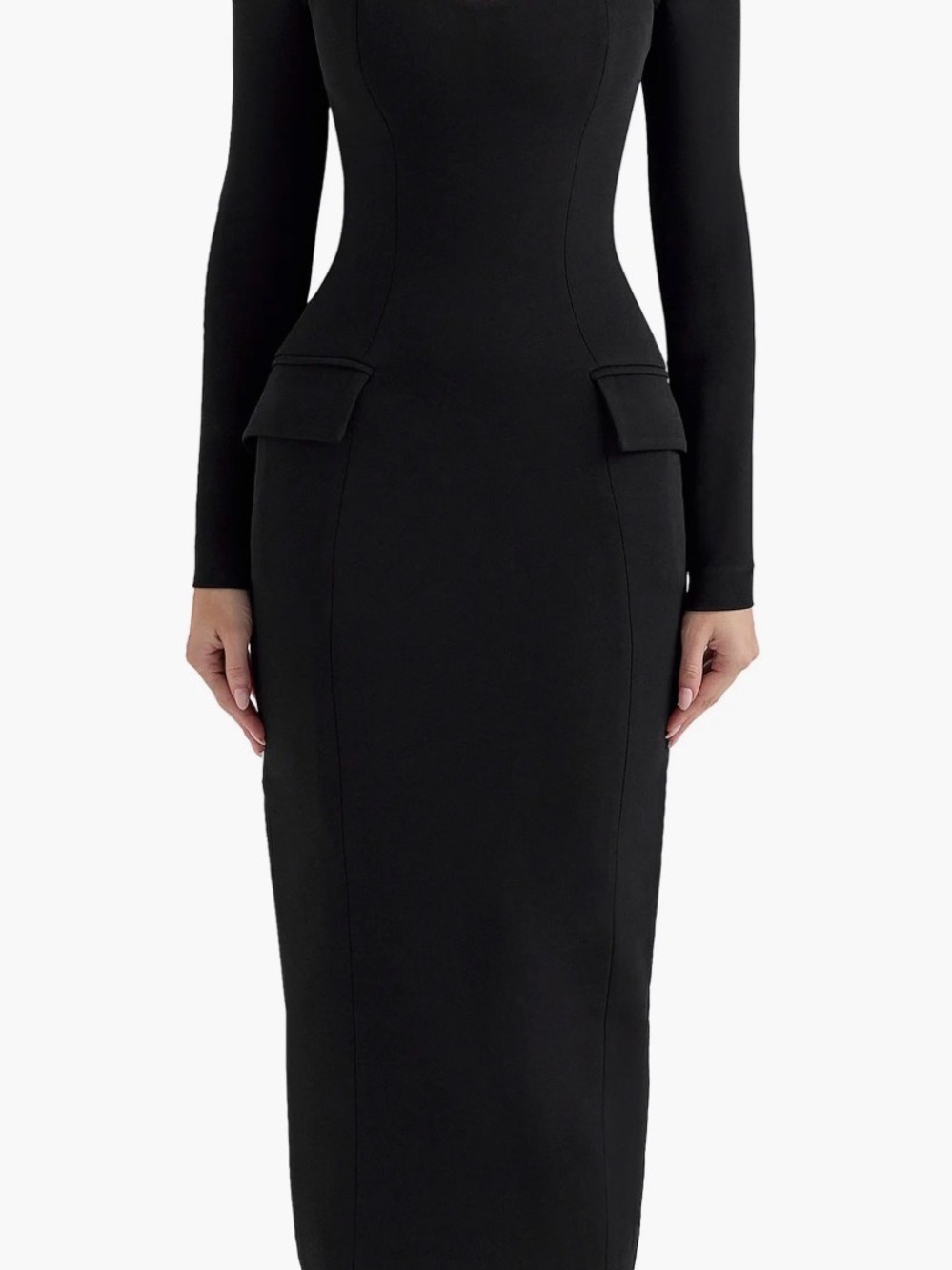 House of CB Black Long Sleeve Bodycon Midi Dress with Flap Pocket Details
